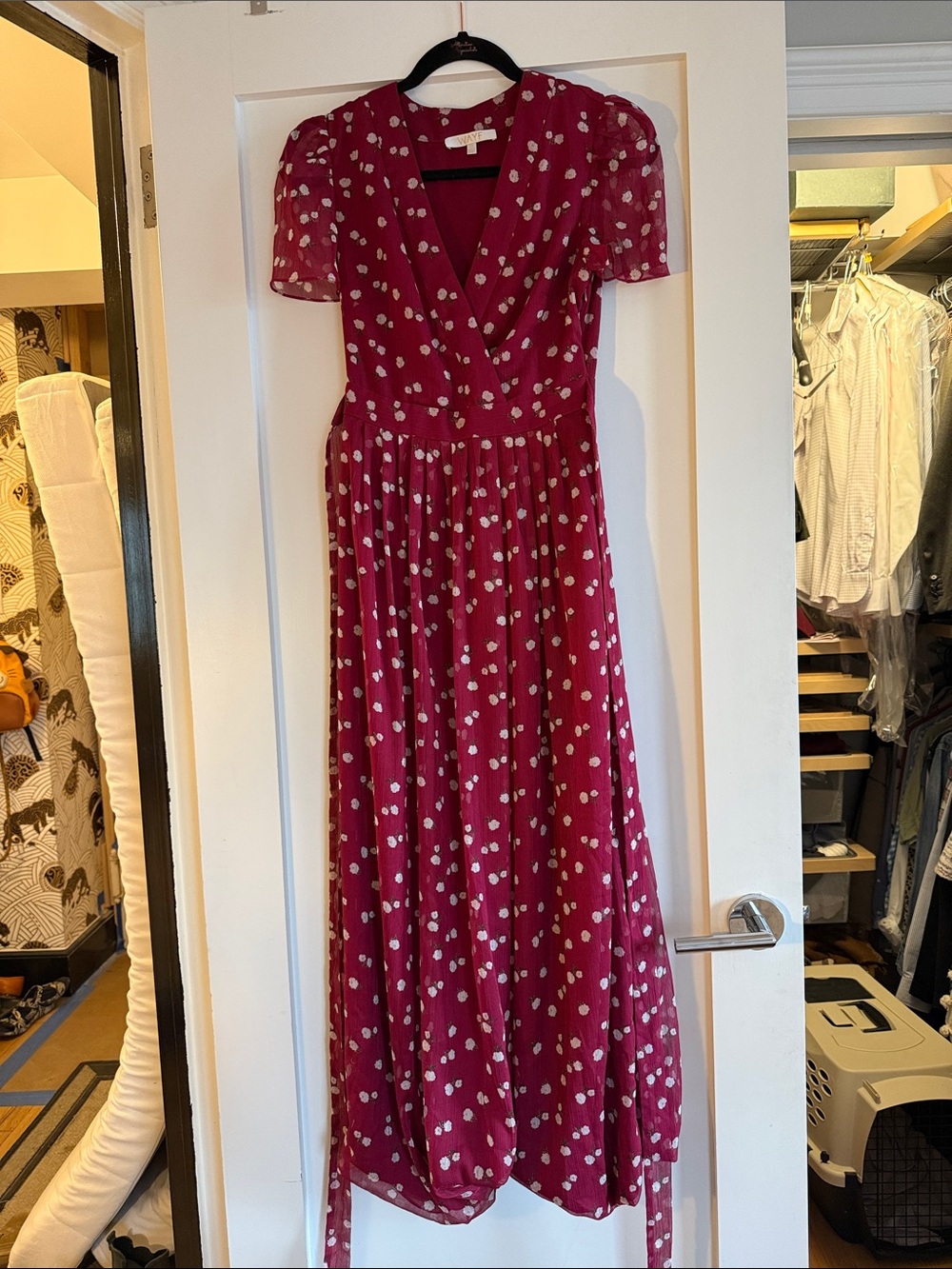 Wayf Berry Polka Dot Wrap Maxi Dress